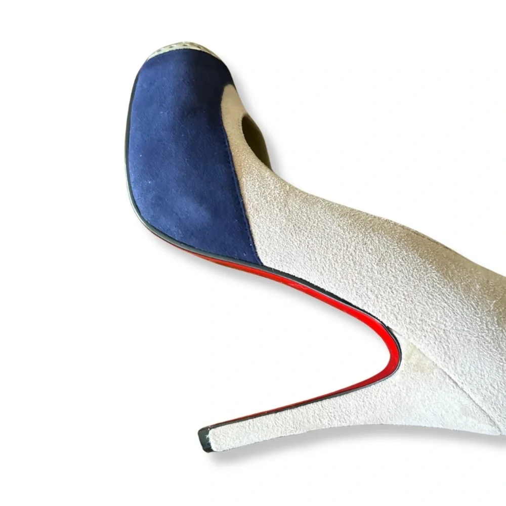 Christian Louboutin Navy and Blush Suede Pumps with Gold Cap-Toe